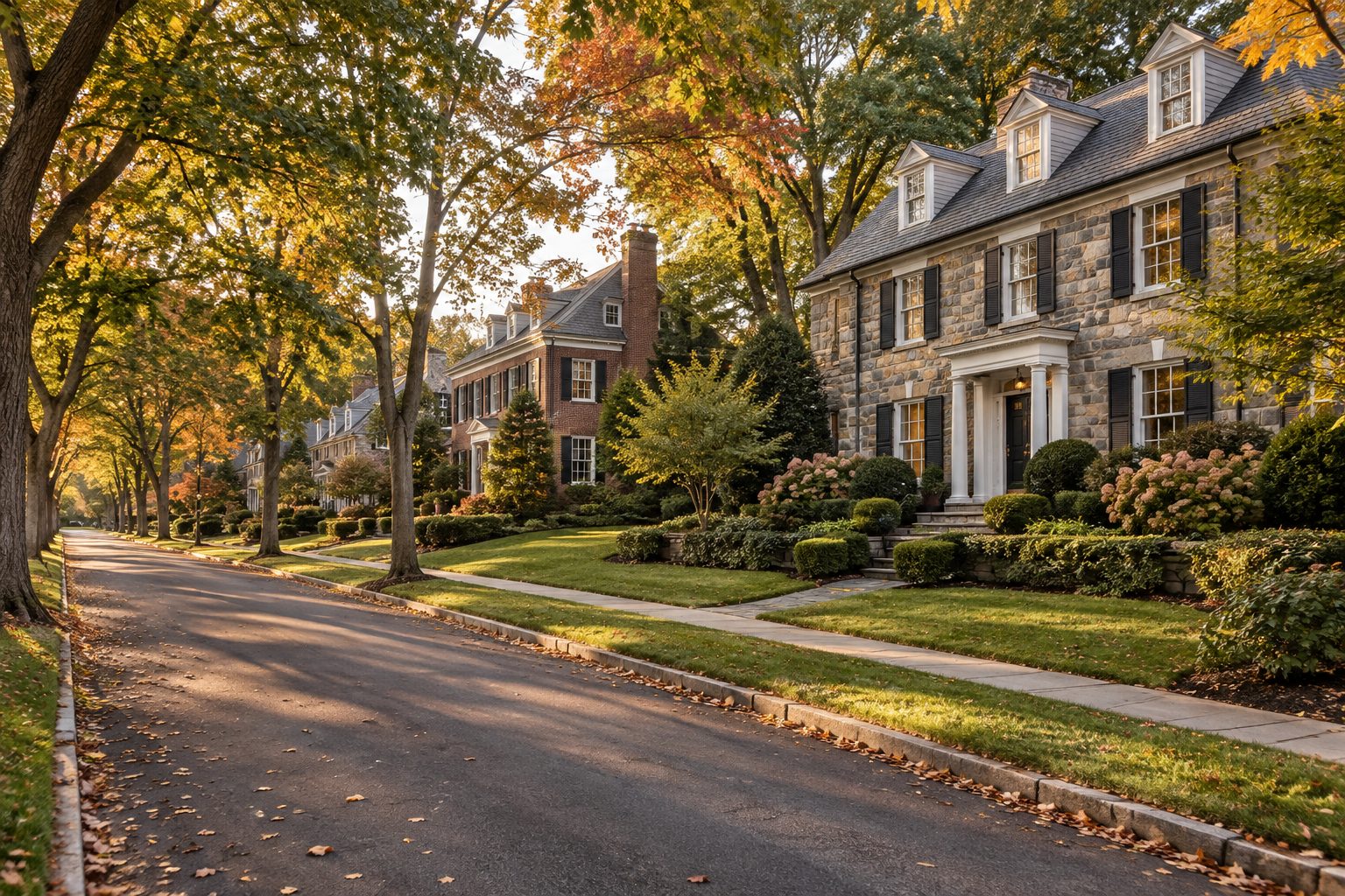 A tree lined Main Line street with stone homes, illustrative