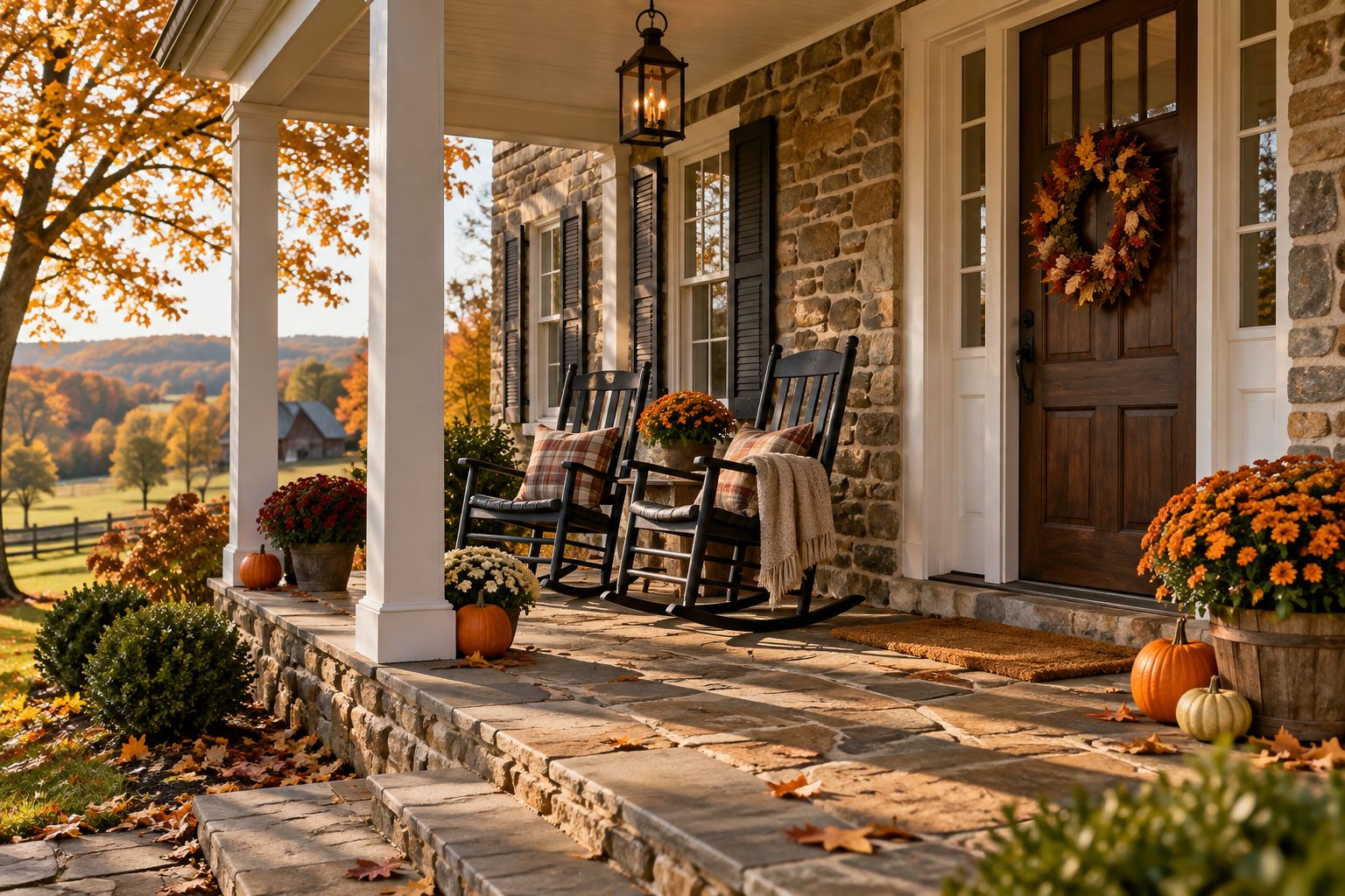 A stone front porch in autumn, illustrative